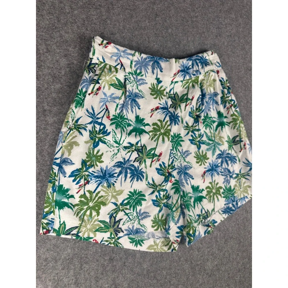 Monteau Los Angeles Tropical Palm Print Linen Blend Shorts White Blue‎ Green M